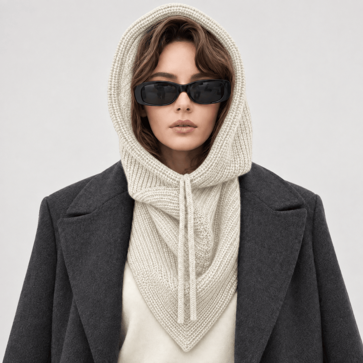 Avvolti Icona, sciarpa con cappuccio in maglia avorio, indossata con cappuccio sollevato