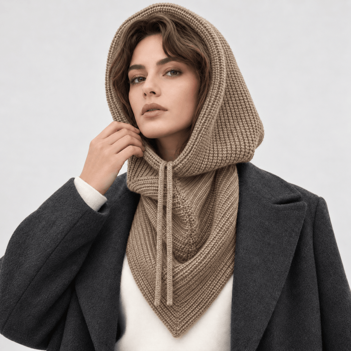 Avvolti Icona, sciarpa con cappuccio in maglia beige, vista frontale
