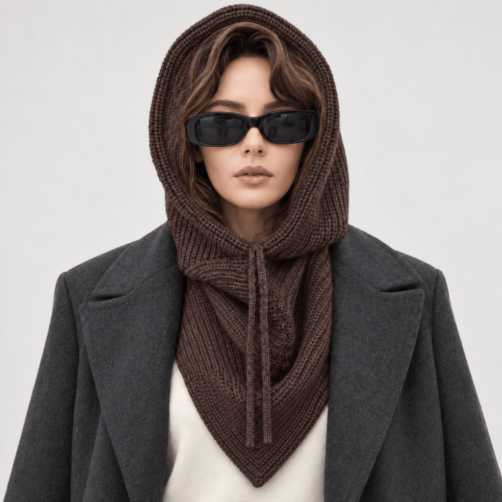 Avvolti Icona, sciarpa con cappuccio in maglia cacao, indossata con cappuccio sollevato