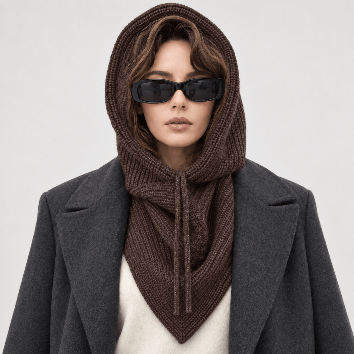 Avvolti Icona, sciarpa con cappuccio in maglia cacao, indossata con cappuccio sollevato