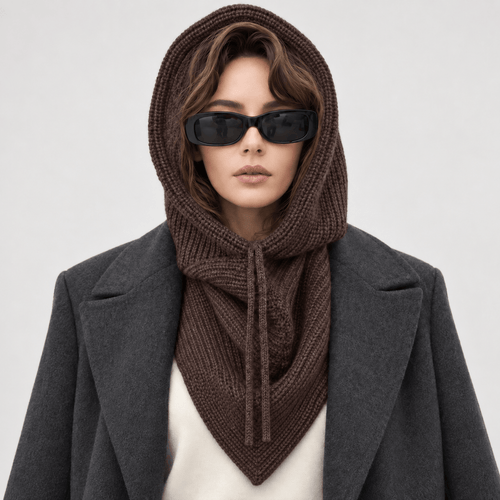 Avvolti Icona, sciarpa con cappuccio in maglia cacao, indossata con cappuccio sollevato