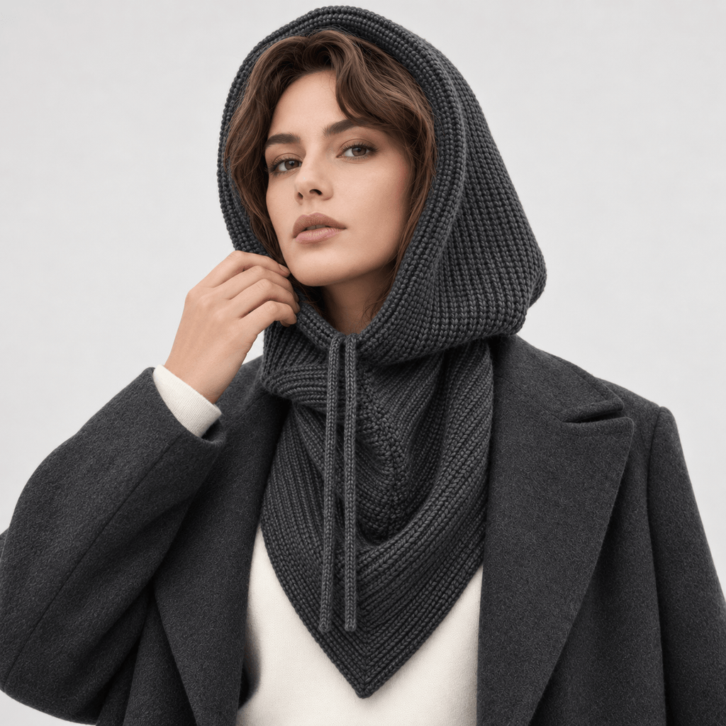 Avvolti Icona, sciarpa con cappuccio in maglia grigio, vista frontale
