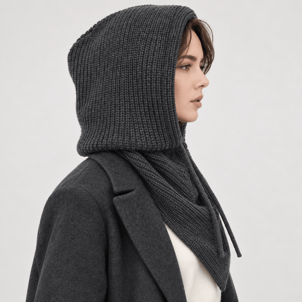 Avvolti Icona, sciarpa con cappuccio in maglia grigio, vista laterale