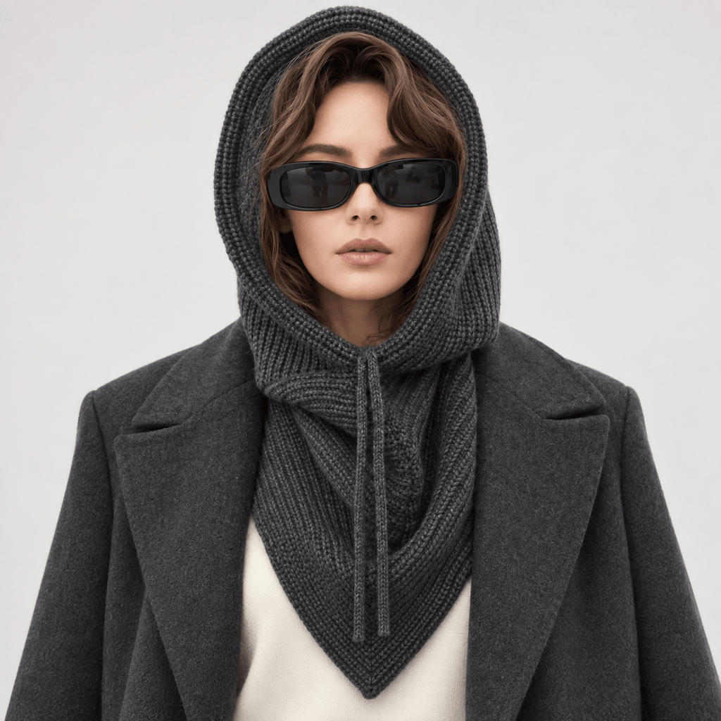 Avvolti Icona, sciarpa con cappuccio in maglia grigio, indossata con cappuccio sollevato