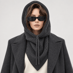 Avvolti Icona, sciarpa con cappuccio in maglia grigio, indossata con cappuccio sollevato