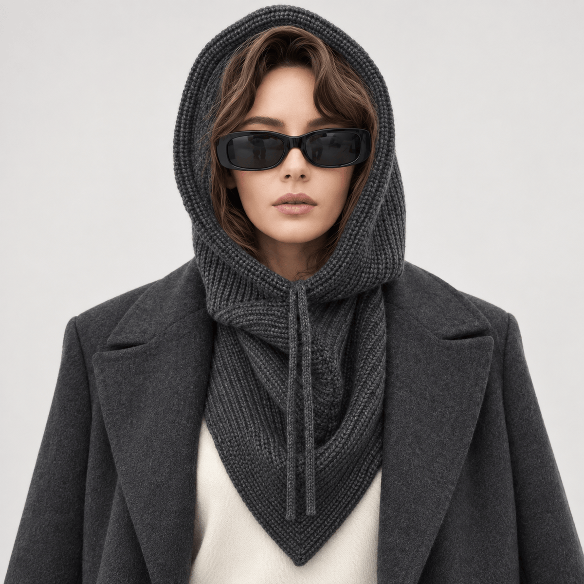 Avvolti Icona, sciarpa con cappuccio in maglia grigio, indossata con cappuccio sollevato