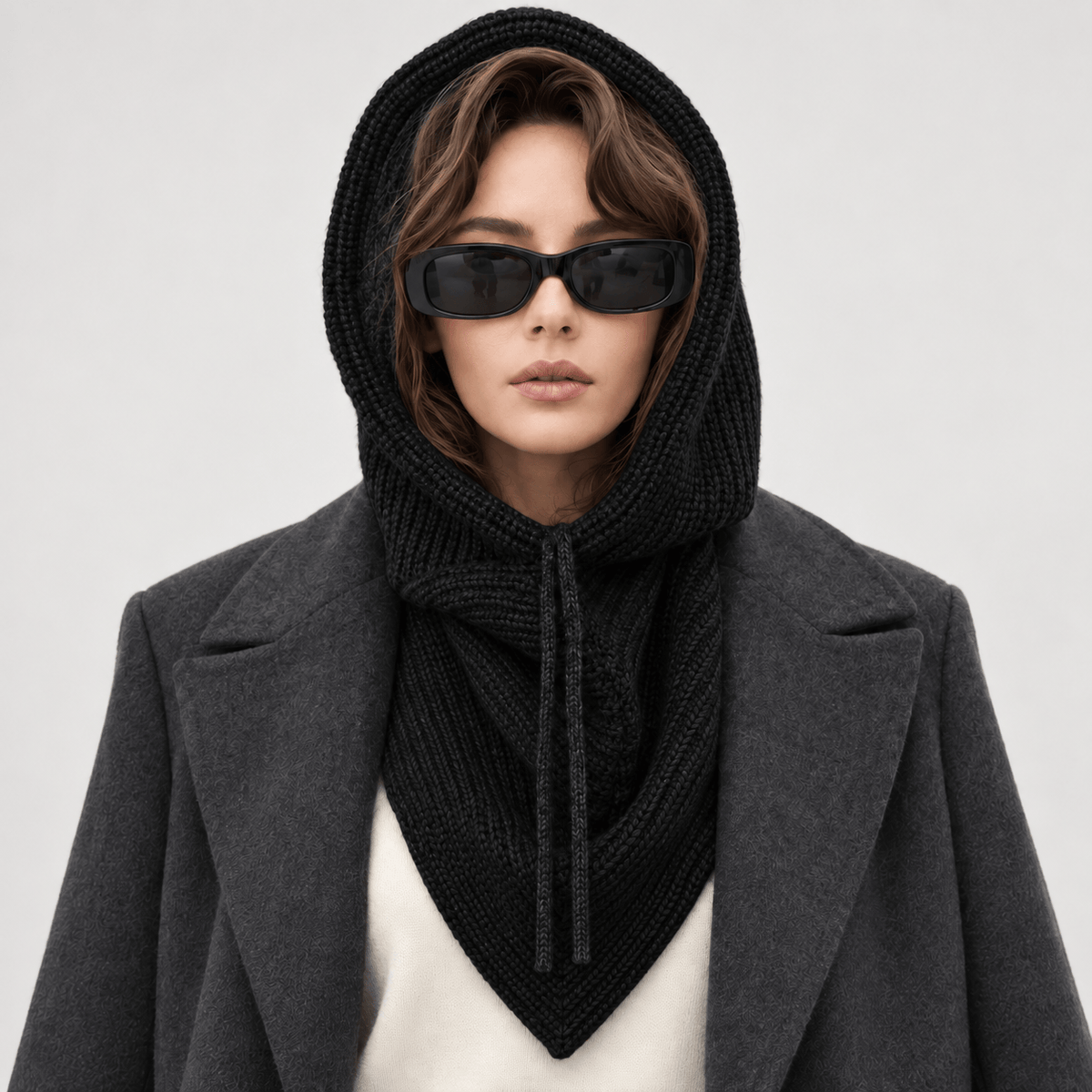 Avvolti Icona, sciarpa con cappuccio in maglia nero, indossata con cappuccio sollevato