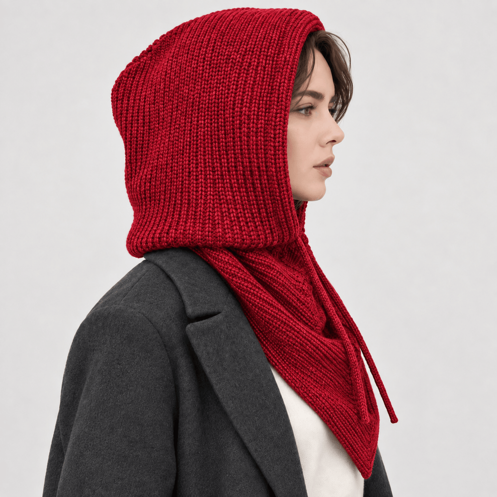 Avvolti Icona, sciarpa con cappuccio in maglia rosso, vista laterale