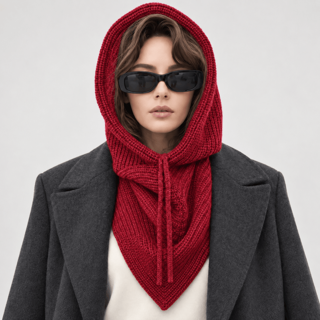 Avvolti Icona, sciarpa con cappuccio in maglia rosso, indossata con cappuccio sollevato