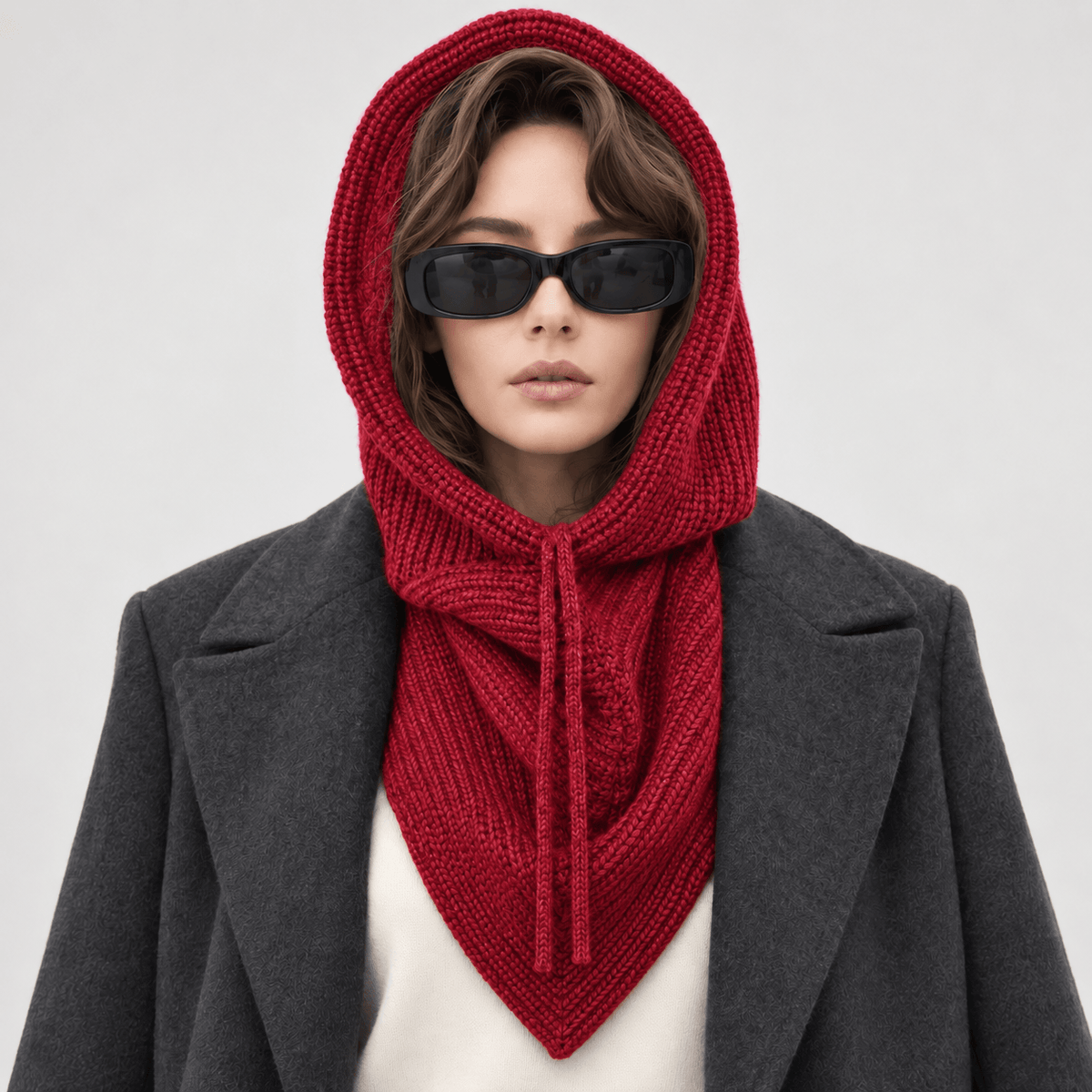 Avvolti Icona, sciarpa con cappuccio in maglia rosso, indossata con cappuccio sollevato